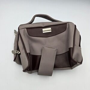 Traveler's Choice Toiletry Bag Grey Canvas Brown Trim Fold-Out Organizer‎